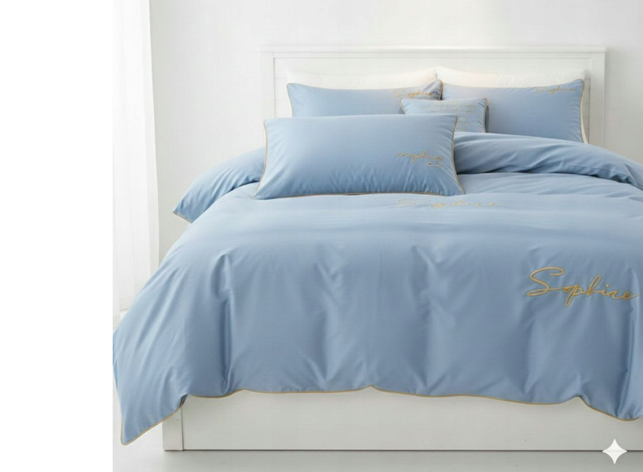 Lenjerie de pat din microfibră 160 × 200 cm – bleu ciel, cu broderie aurie, 3 piese