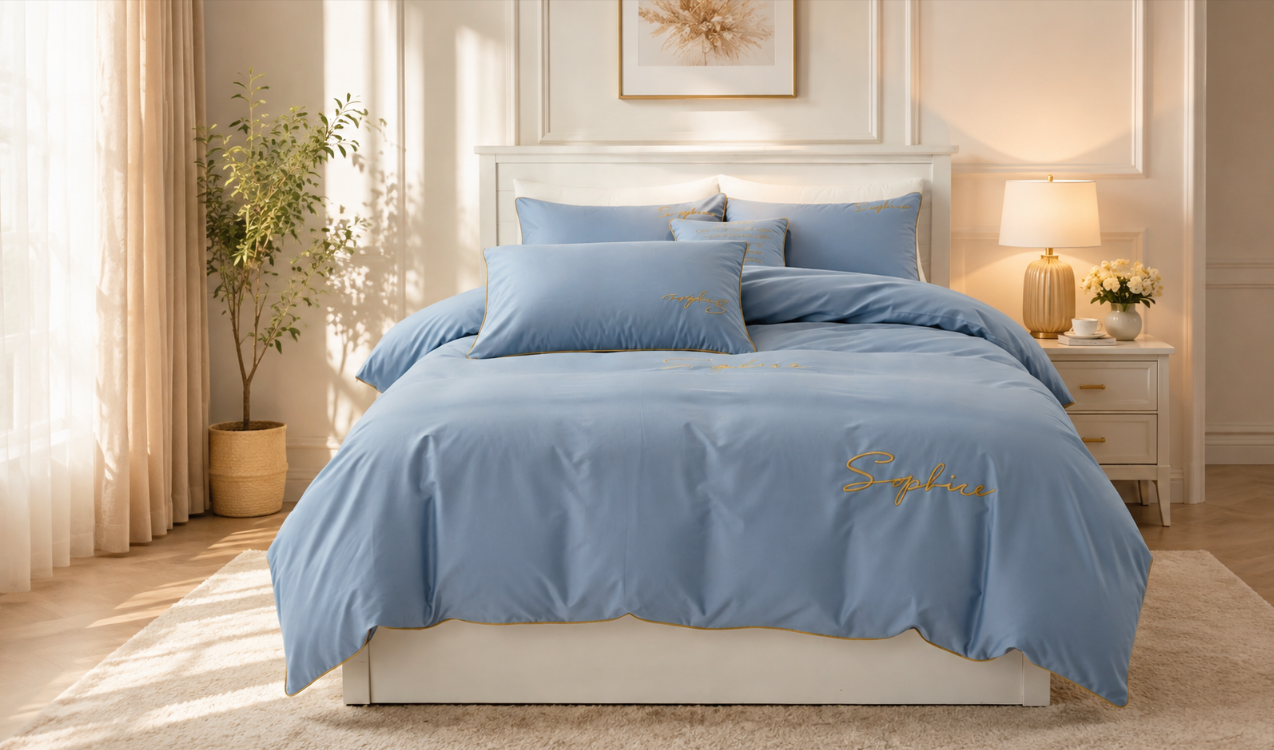 Lenjerie de pat din microfibră 160 × 200 cm – bleu ciel, cu broderie aurie, 3 piese