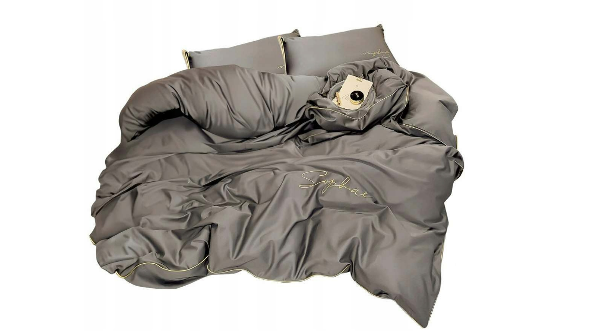 Set lenjerie de pat din microfibră 200x220 cm, 3 piese, gri taupe, cu broderie aurie