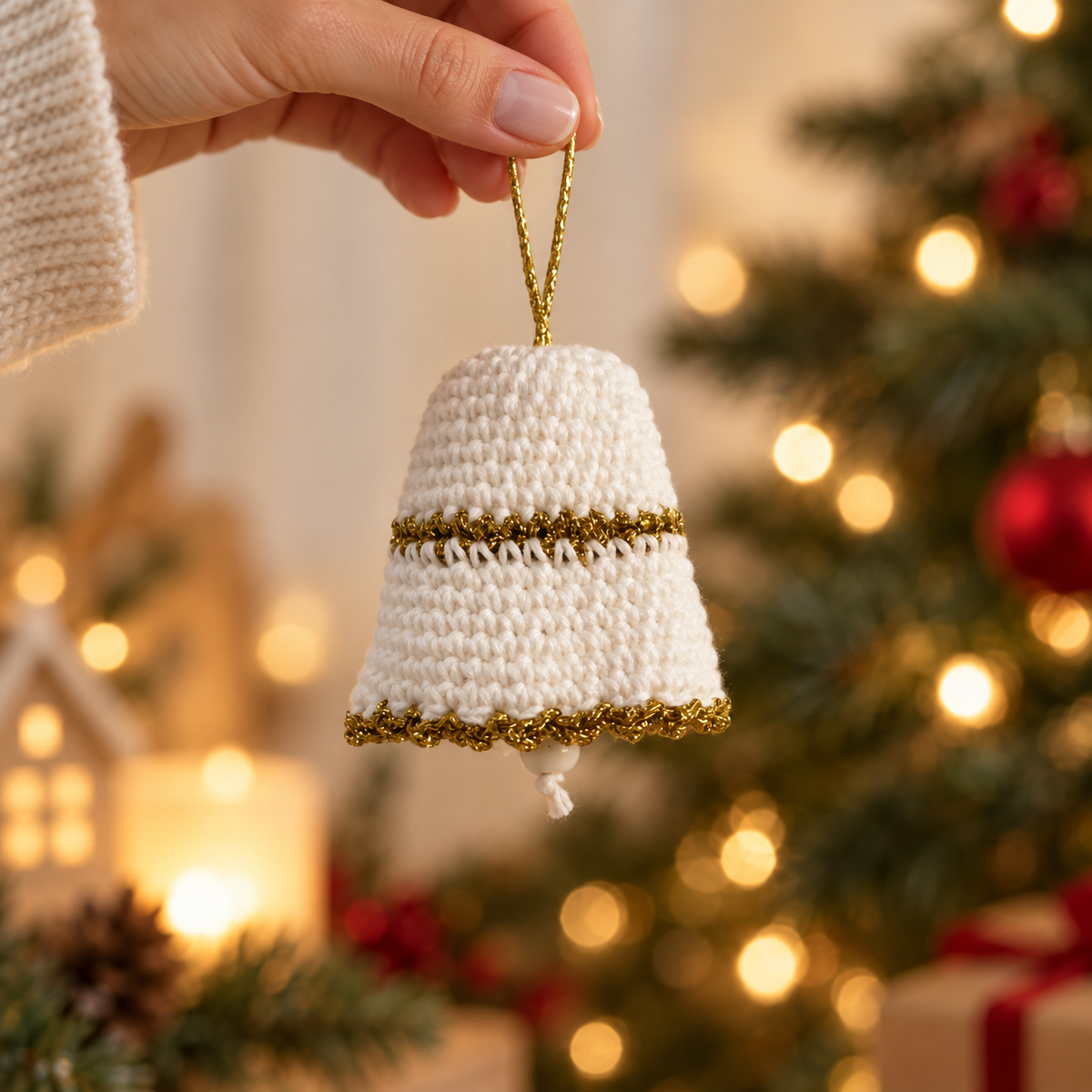 Clopoțel croșetat handmade pentru brad, alb cu auriu, 10 cm