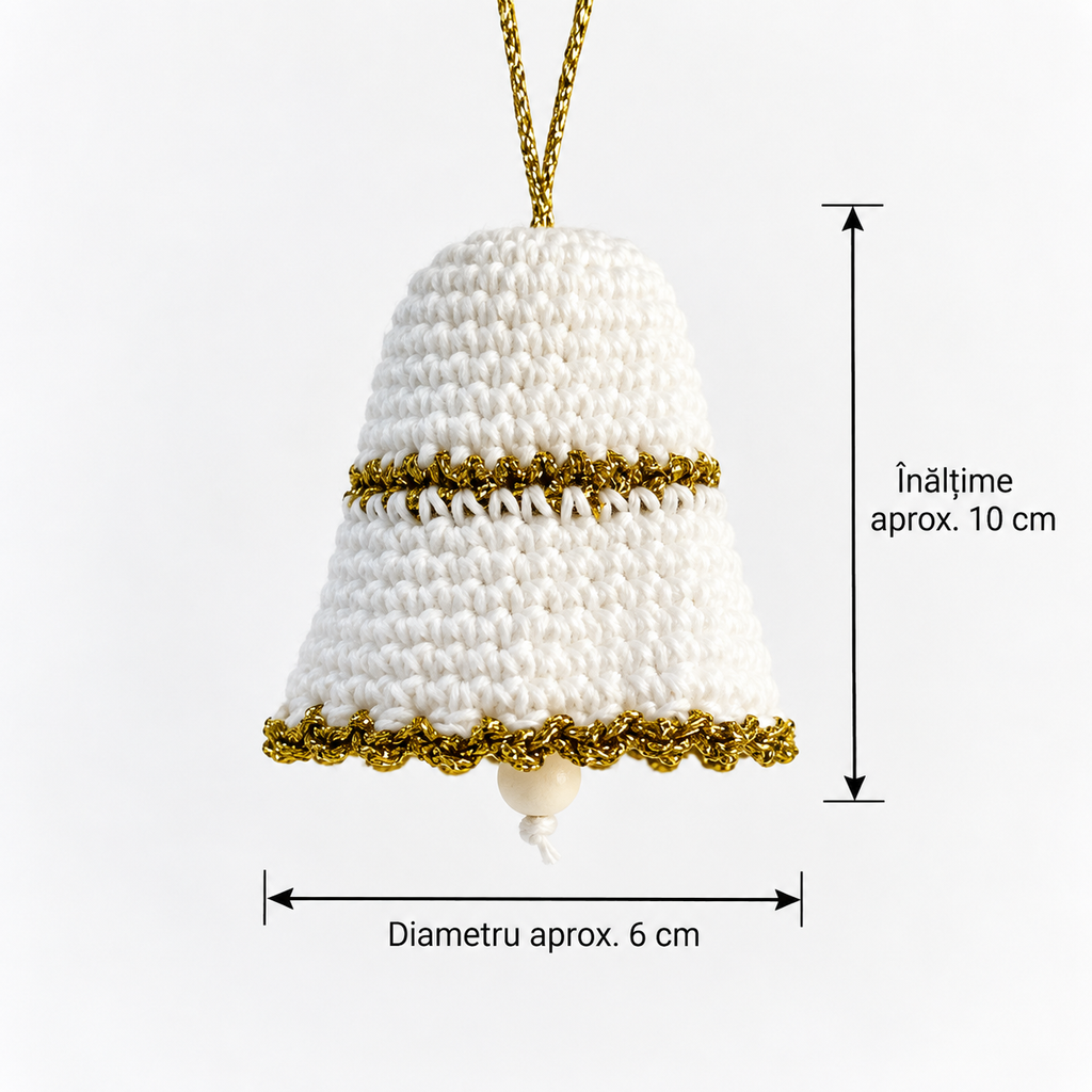 Clopoțel croșetat handmade pentru brad, alb cu auriu, 10 cm