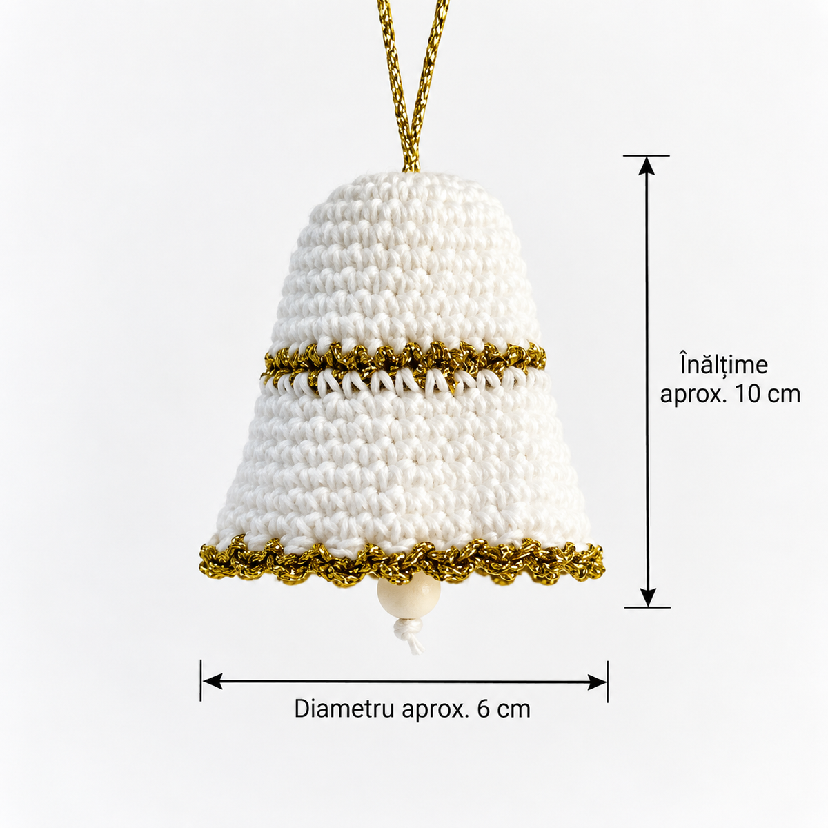Clopoțel croșetat handmade pentru brad, alb cu auriu, 10 cm