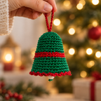 Clopoțel croșetat handmade pentru brad, verde cu roșu, 10 cm