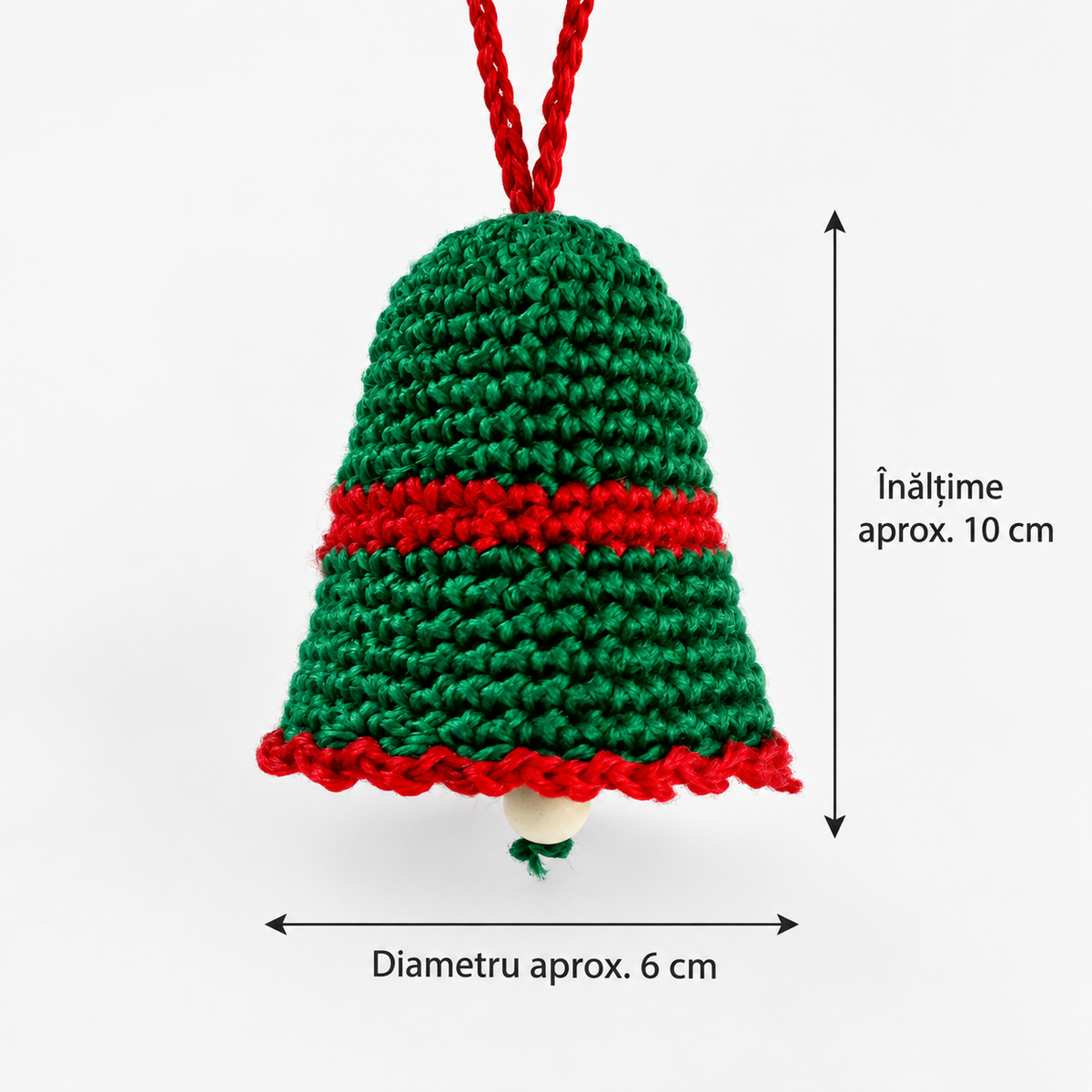 Clopoțel croșetat handmade pentru brad, verde cu roșu, 10 cm