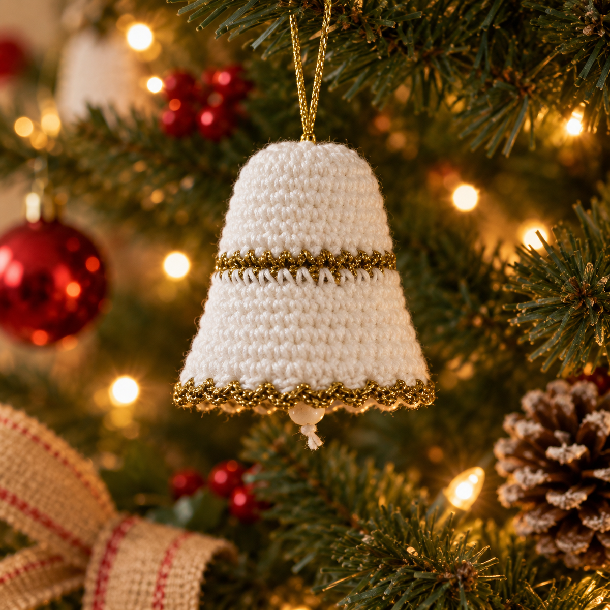 Clopoțel croșetat handmade pentru brad, alb cu auriu, 10 cm