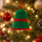 Clopoțel croșetat handmade pentru brad, verde cu roșu, 10 cm