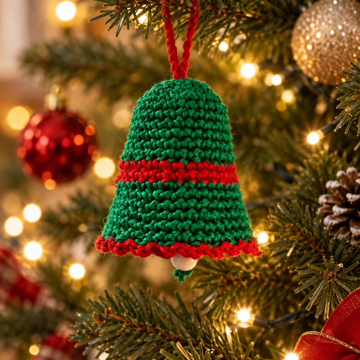 Clopoțel croșetat handmade pentru brad, verde cu roșu, 10 cm