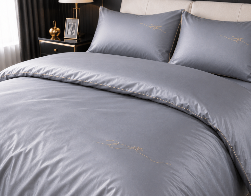 Lenjerie de Pat Premium 200x220 cm – Gri Perlat Elegant cu Broderie Aurie