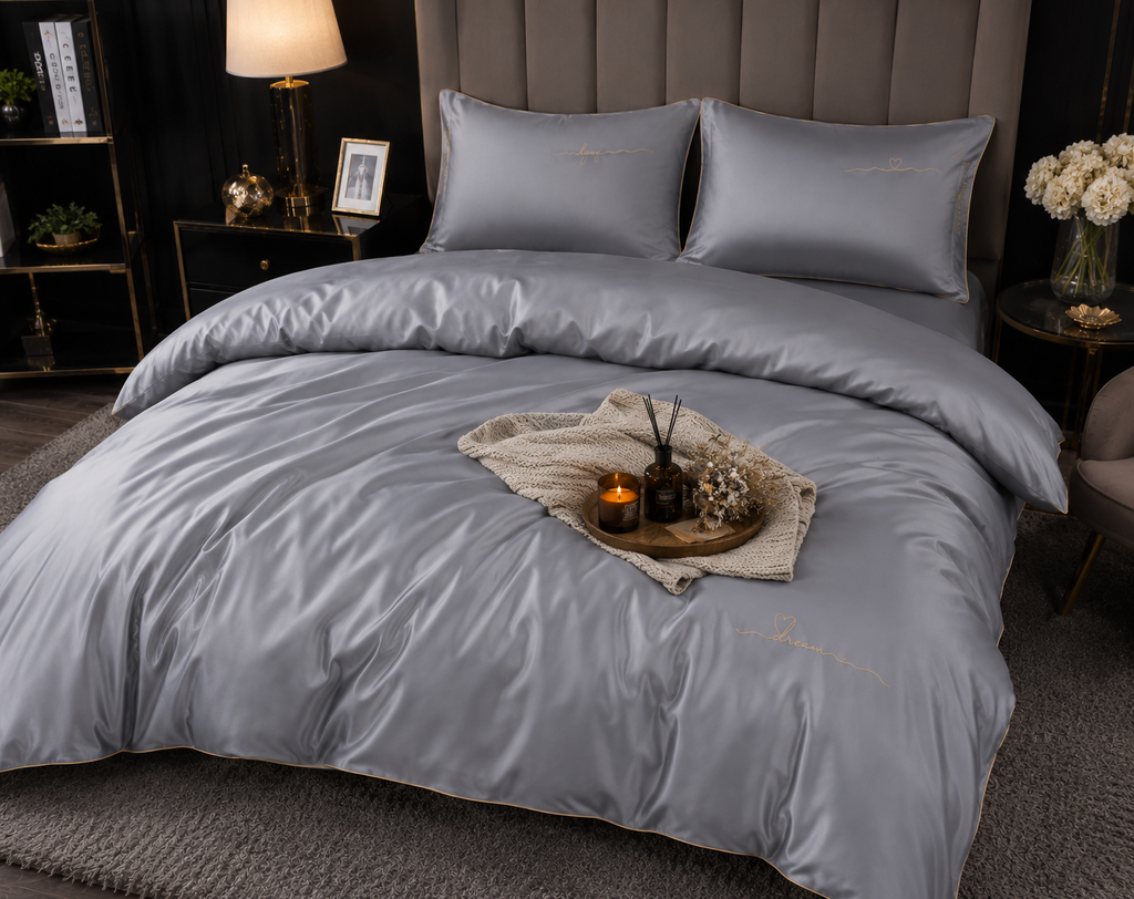 Lenjerie de Pat Premium 200x220 cm – Gri Perlat Elegant cu Broderie Aurie