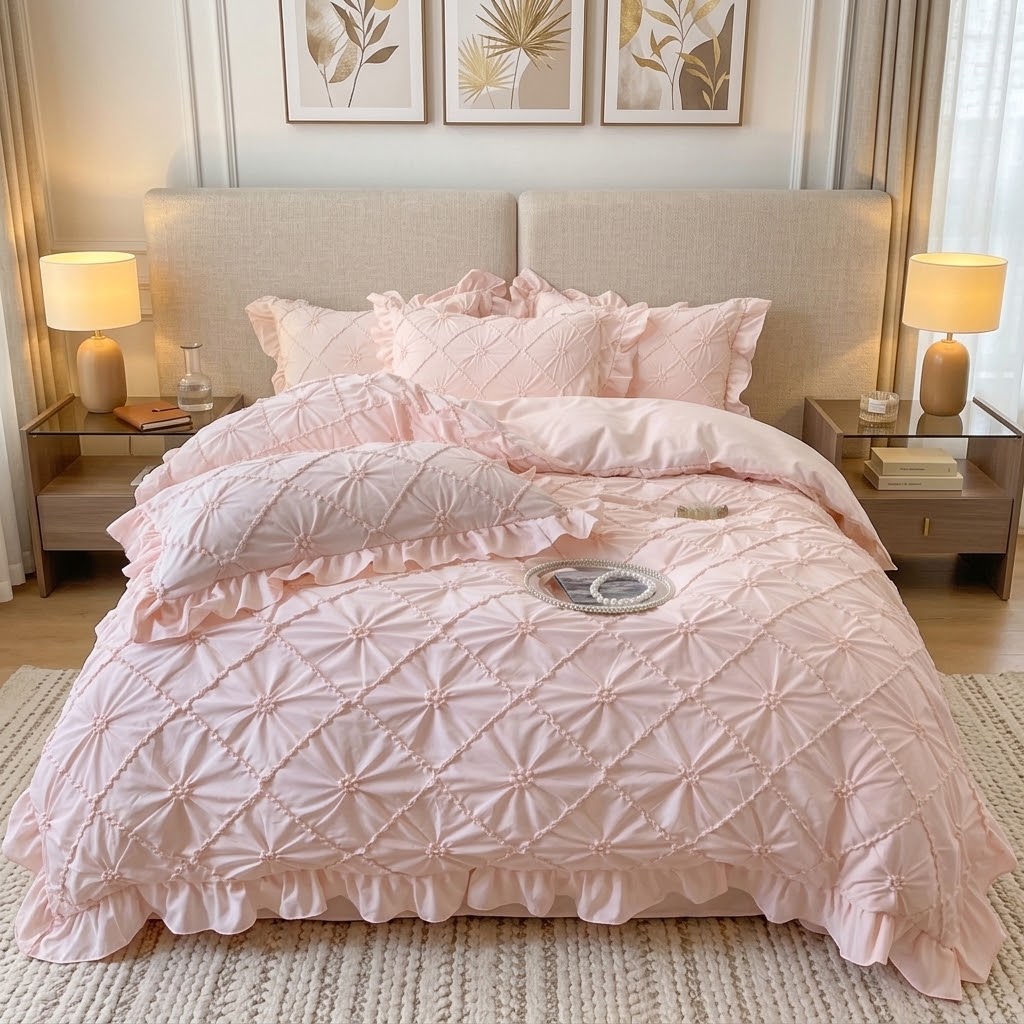 Set lenjerie de pat roz cu volane, 4 piese, 100% bumbac 300TC, husă pilotă 200x230 cm