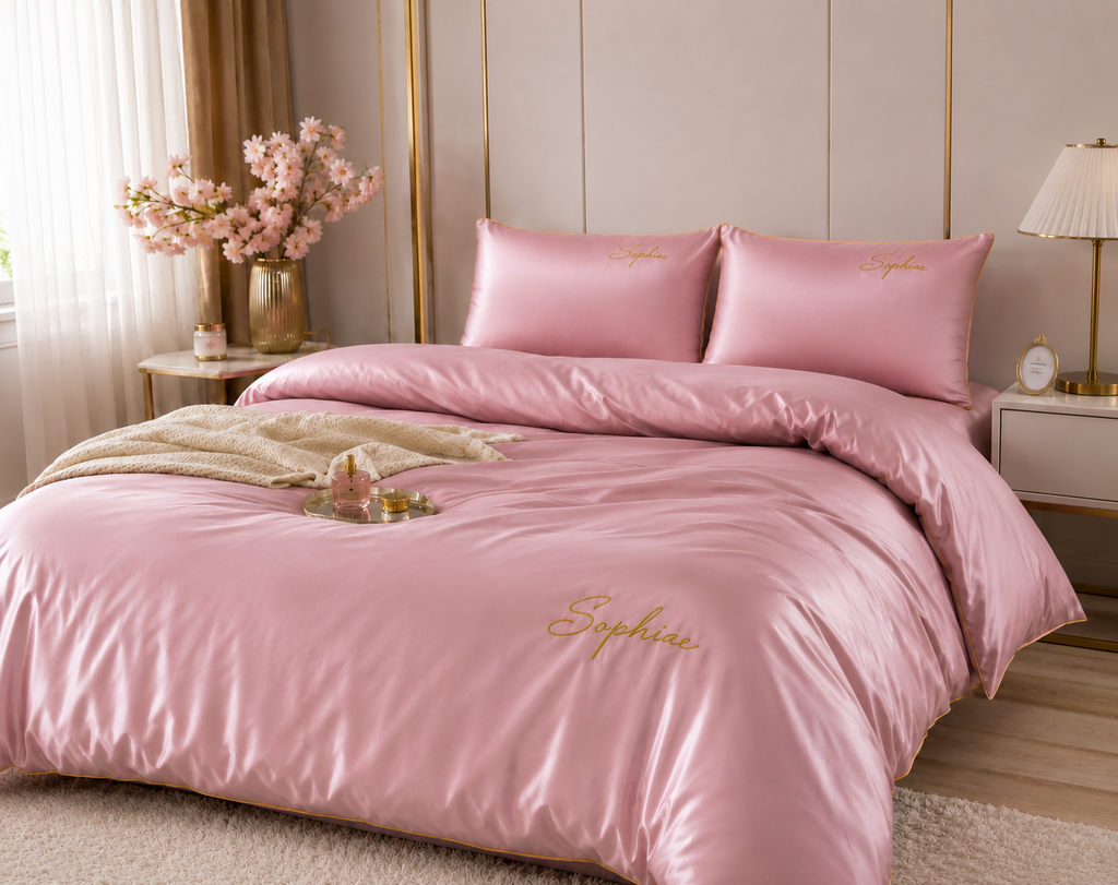 Lenjerie de pat premium 200x220 cm – Roz Pudrat Elegant cu Broderie Decorativă