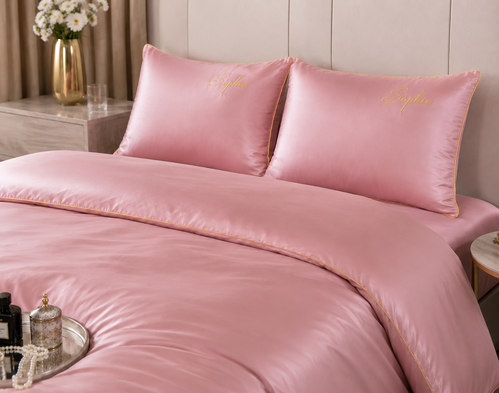 Lenjerie de pat premium 200x220 cm – Roz Pudrat Elegant cu Broderie Decorativă