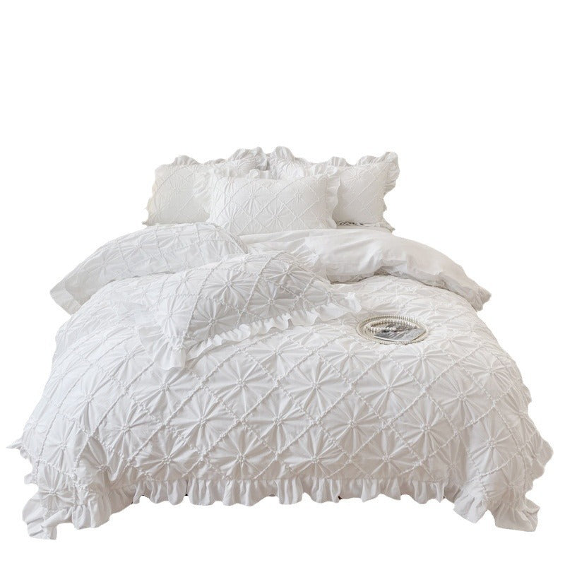 Set lenjerie de pat albă cu volane, 4 piese, 100% bumbac 300TC, husă pilotă 200x230 cm