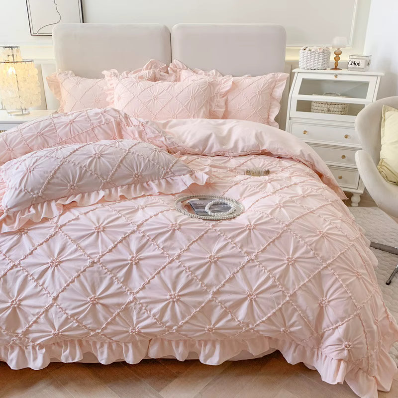 Set lenjerie de pat roz cu volane, 4 piese, 100% bumbac 300TC, husă pilotă 200x230 cm