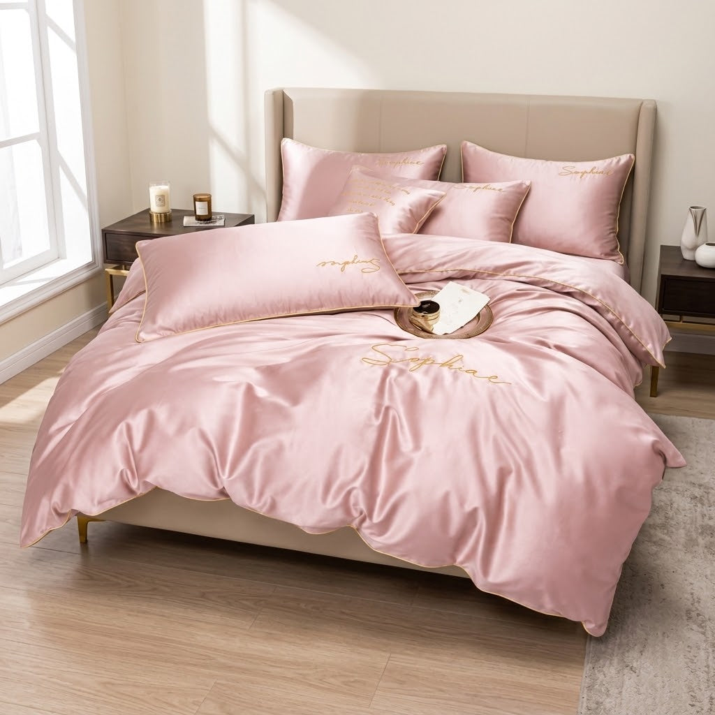 Set lenjerie de pat din microfibră 200x220 cm, 3 piese, roz pudrat, cu broderie decorativă