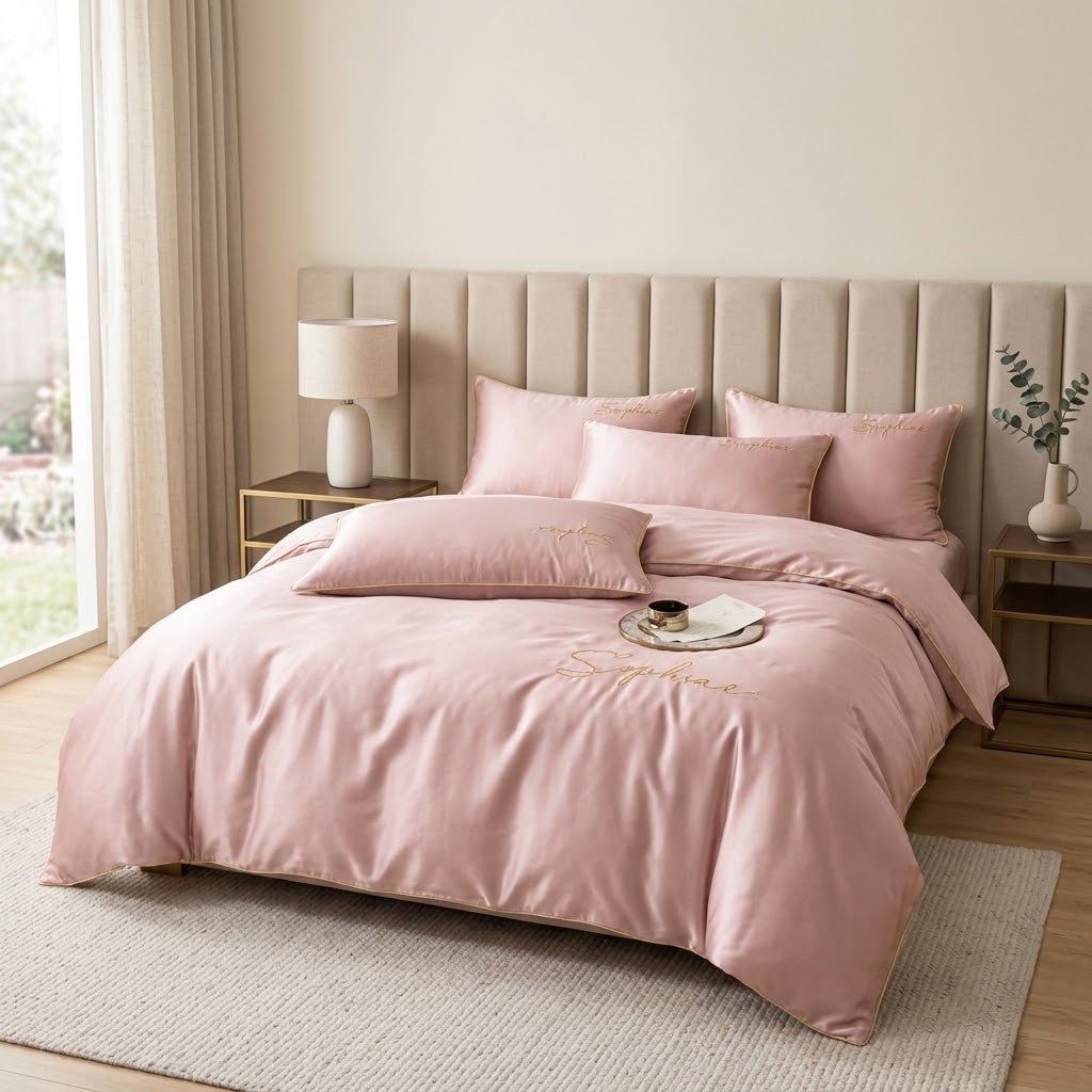 Set lenjerie de pat din microfibră 200x220 cm, 3 piese, roz pudrat, cu broderie decorativă